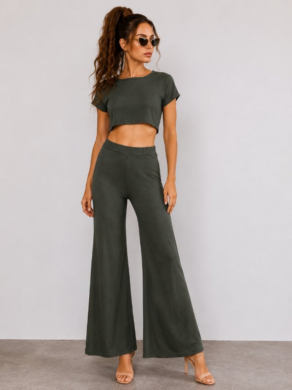 Olive Green Two Piece Lounge Set Crop Top Wide Leg Pants NWT